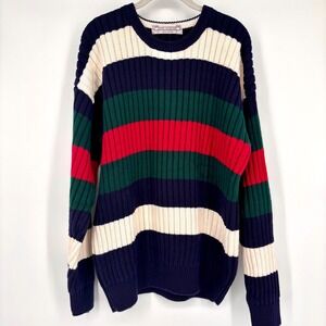 Vintage Men's Striped Sweater Sz L 100% Cotton Navy Green Red Ribbed Preppy